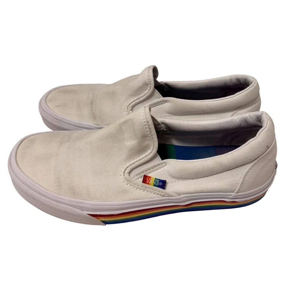 Vans Classic Slip-On Pride White Rainbow Stripe Shoes Mens 7 Womens 8.5 500714